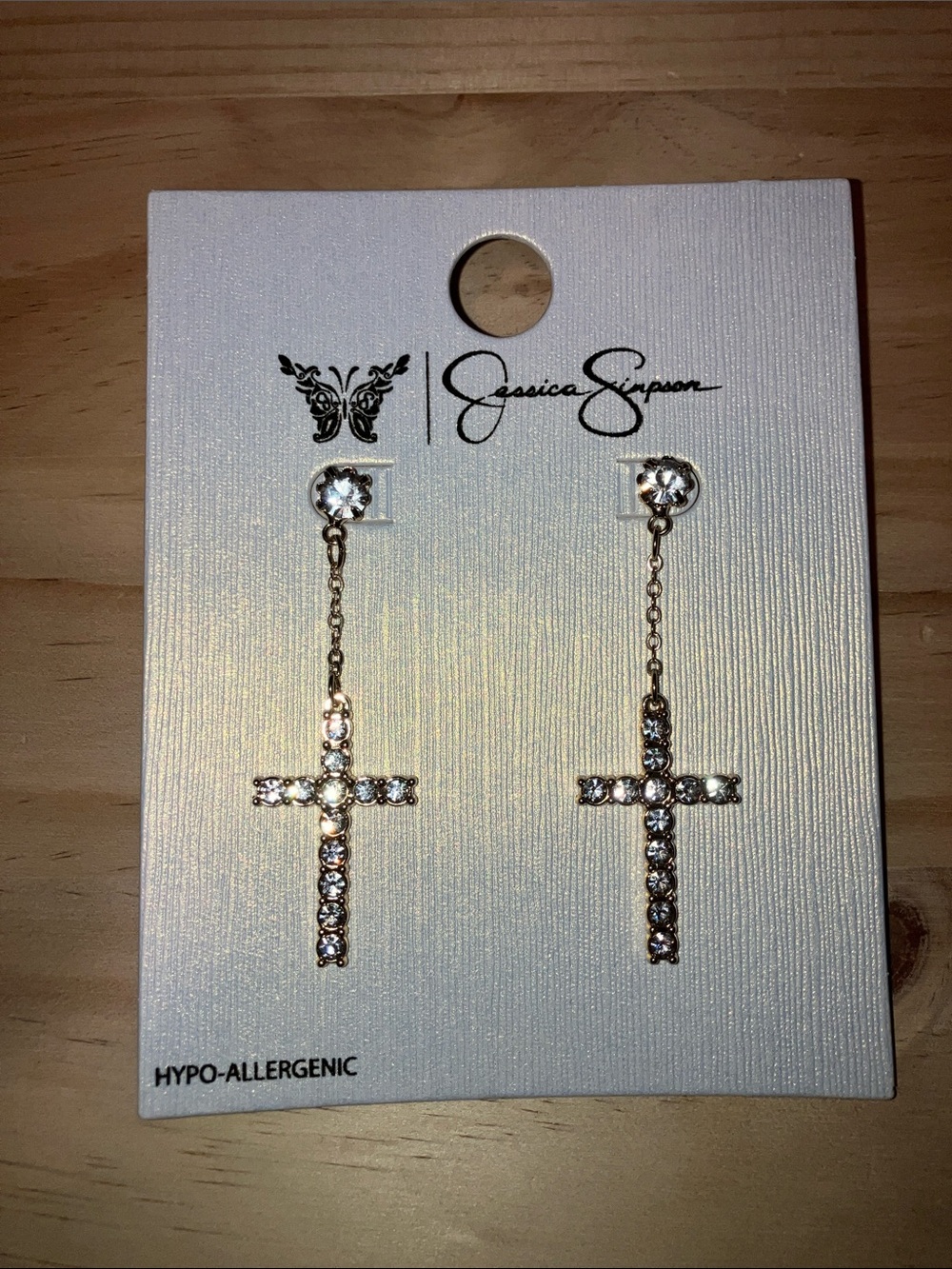 Jessica Simpson Gold Crystal Cross Drop Earrings - Clear Rhinestones New